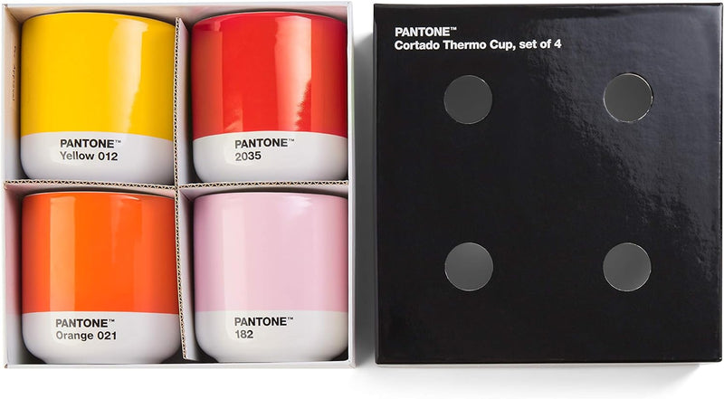 Pantone doppelwandiger Porzellan-Thermobecher Cortado, ohne Henkel,190ml, 4er-Set in Geschenkbox, Ye