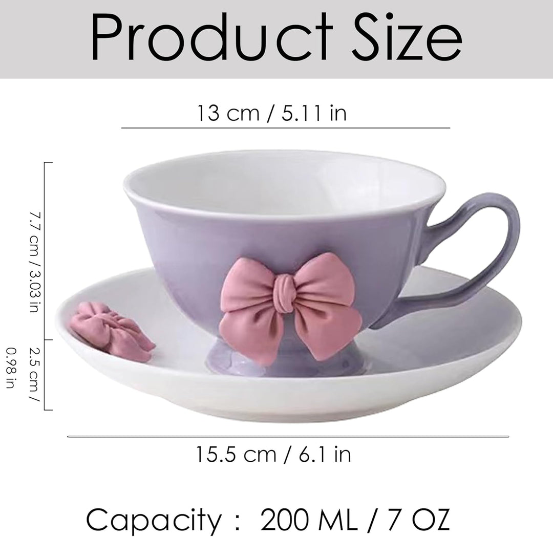 200 ML Kaffeetassen Set mit Untertasse Keramik Tasse mit Schleife und Henkel Violett Rosa Schleife K