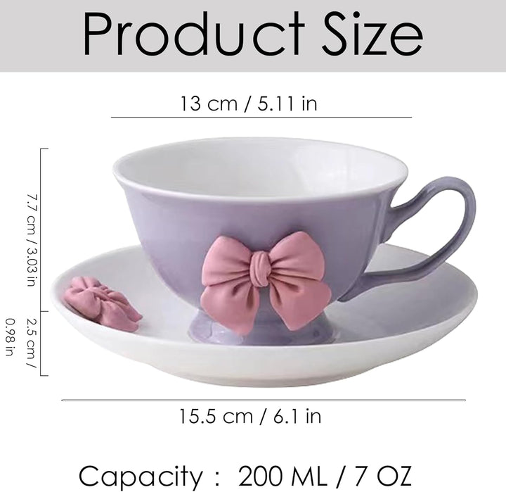 200 ML Kaffeetassen Set mit Untertasse Keramik Tasse mit Schleife und Henkel Violett Rosa Schleife K