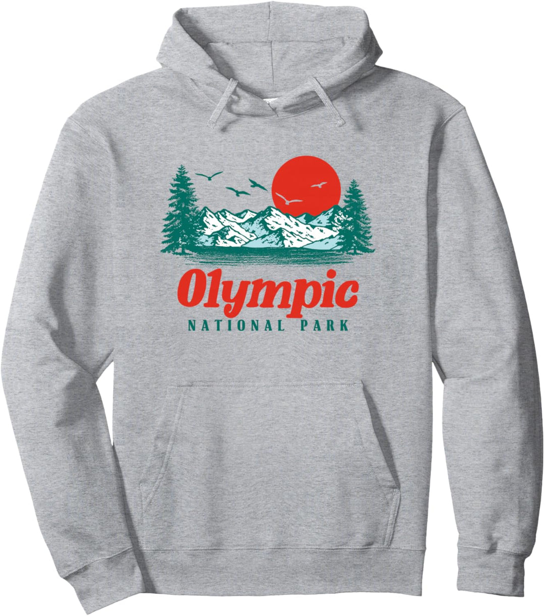 Retro Olympic National Park Mountain Trees & Sun Graphic Pullover Hoodie