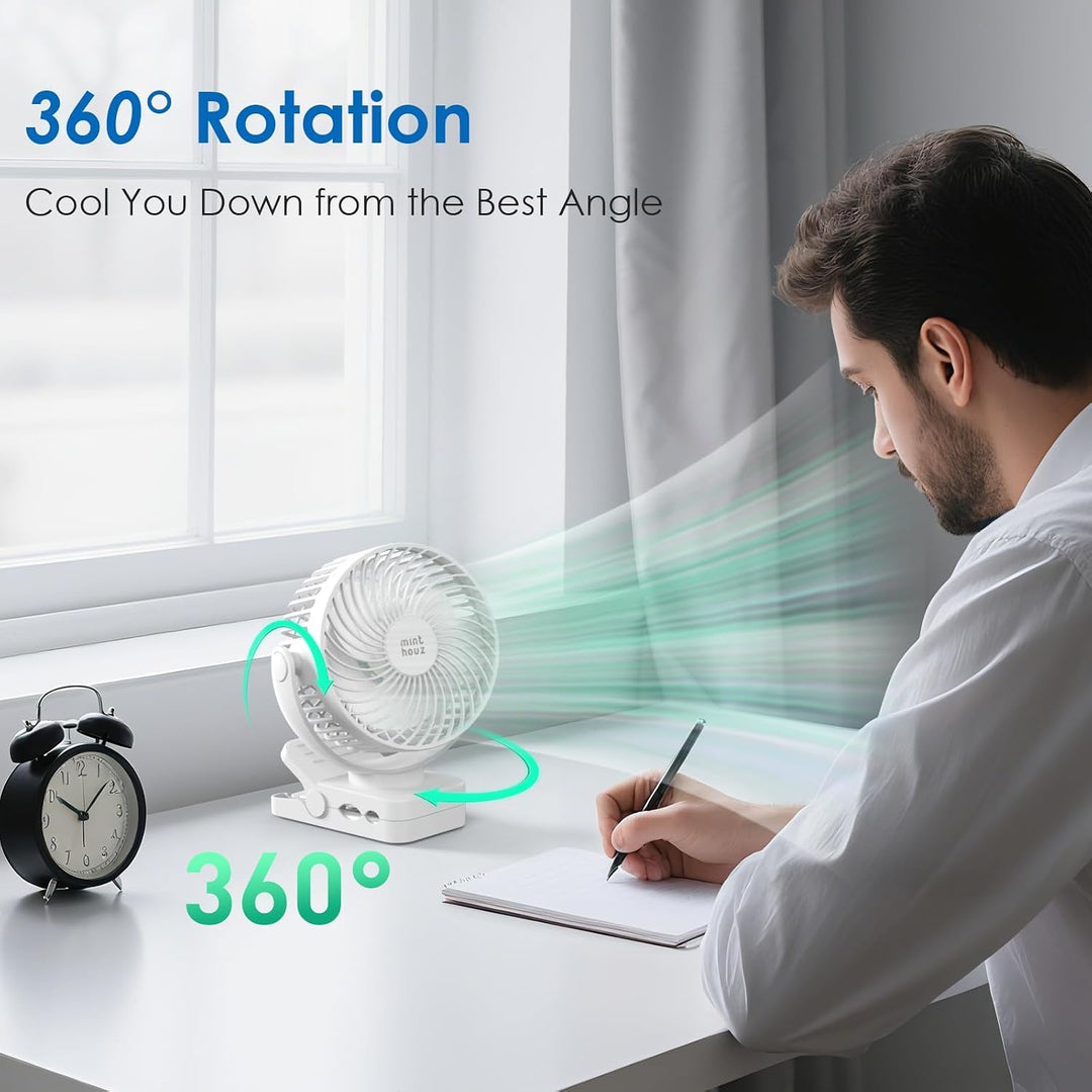 Minthouz USB Tischventilator leise mit 12000mAh Ventilator Akku – Tragbarer Clip-Ventilator mit Fern