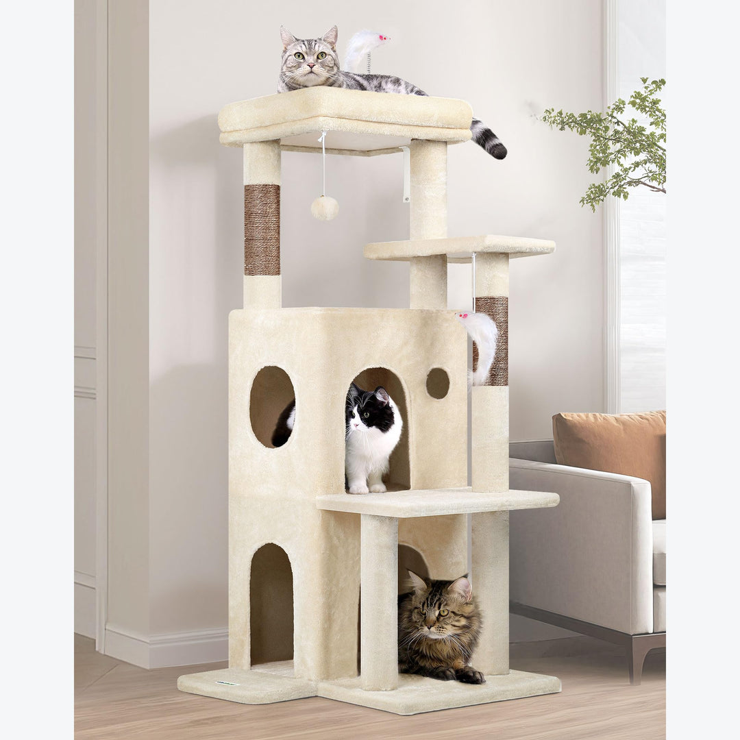 Globlazer Kratzbaum Beige Stabil mit Grosse Basis Katzenhaus Gepolsterte Plattform Plüsch Katzenspie