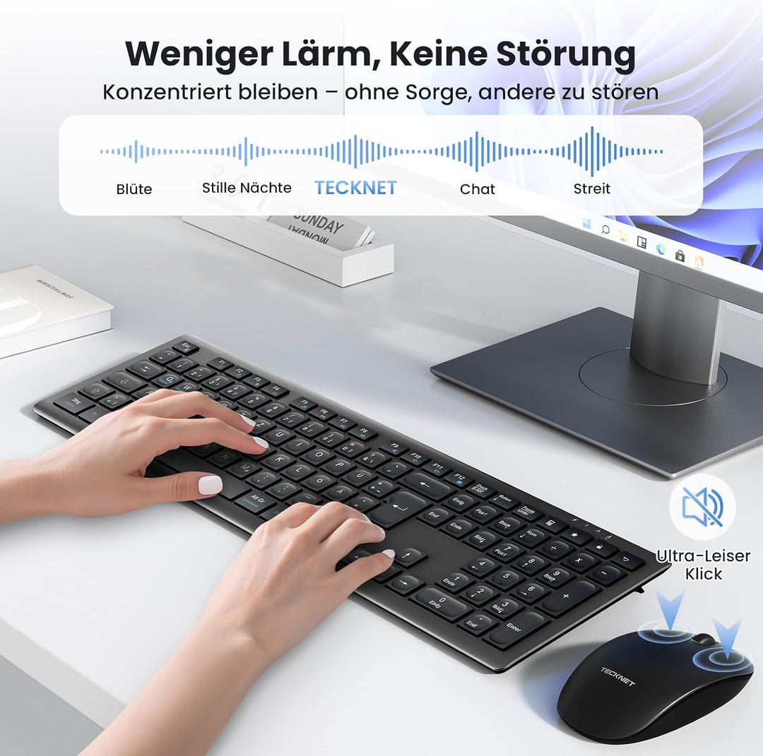 TECKNET Tastatur Maus Set Kabellos, 2.4G Wiederaufladbare Maus und Tastatur | Fullsize Deutsch QWERT