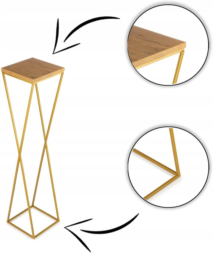 Pflanzenständer Metall 100 cm Hoch - Stabiler und Fester Blumenhocker mit Eiche Optik MDF-Platte auf