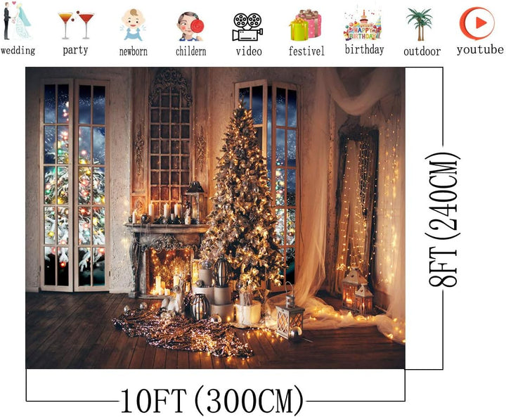AIIKES 10x8FT Weihnachtsbaum Hintergrund Winter Indoor Fenster Öllampe Kerze Kamin Fotografie Hinter