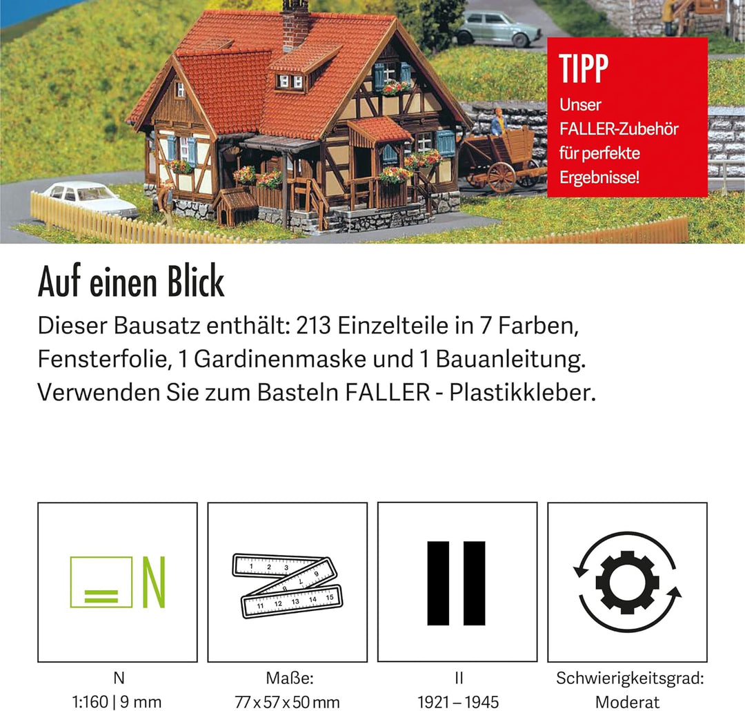 FALLER Ländliches Fachwerkhaus Modellbausatz mit 213 Einzelteilen 77x57x50mm I Modelleisenbahn Zubeh