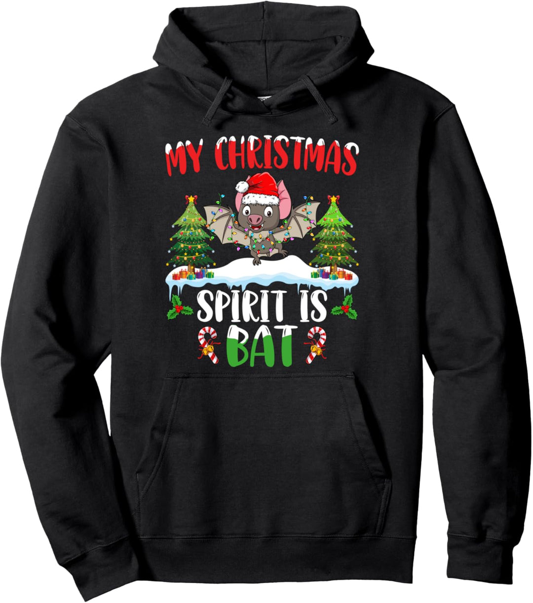 Bat Wearing Santa Hat Xmas Lights Christmas Spirit Bat Pullover Hoodie