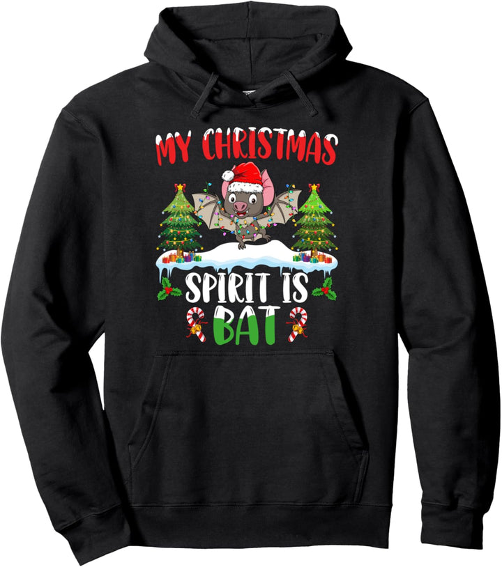 Bat Wearing Santa Hat Xmas Lights Christmas Spirit Bat Pullover Hoodie