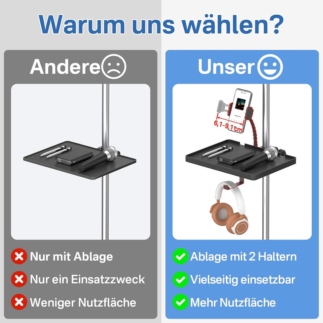 Funktionale Mikrofonständer-Ablage mit verstellbarer Mikrofonständer-Handyhalterung – 8,7"x6,5" Mikr
