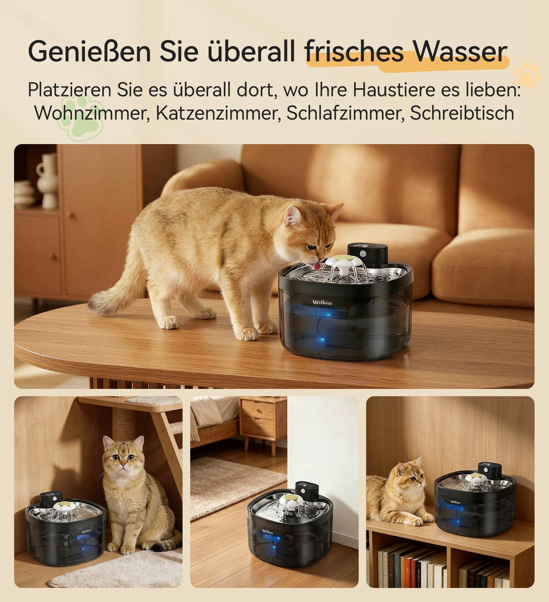 Katzenbrunnen kabellos, 2,8 L Trinkbrunnen für Katze mit 3 Filter, 4000mAh Akku & Ultra-leise (, Sch