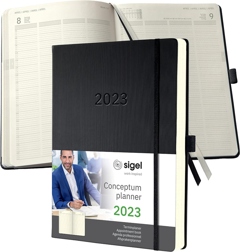 SIGEL C2304 Planungsbuch XXL, Terminkalender 2023 - A4+ - 1 Tag = 1 Seite, für 4 Personen - schwarz