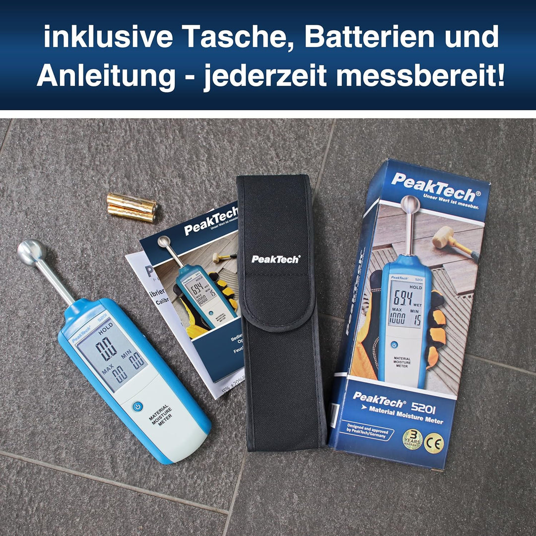 PeakTech 5201 - Profi-Feuchtemessgerät, Indikator für alle Baustoffe, Holz, Wand, Putz, Gips, Mauerw