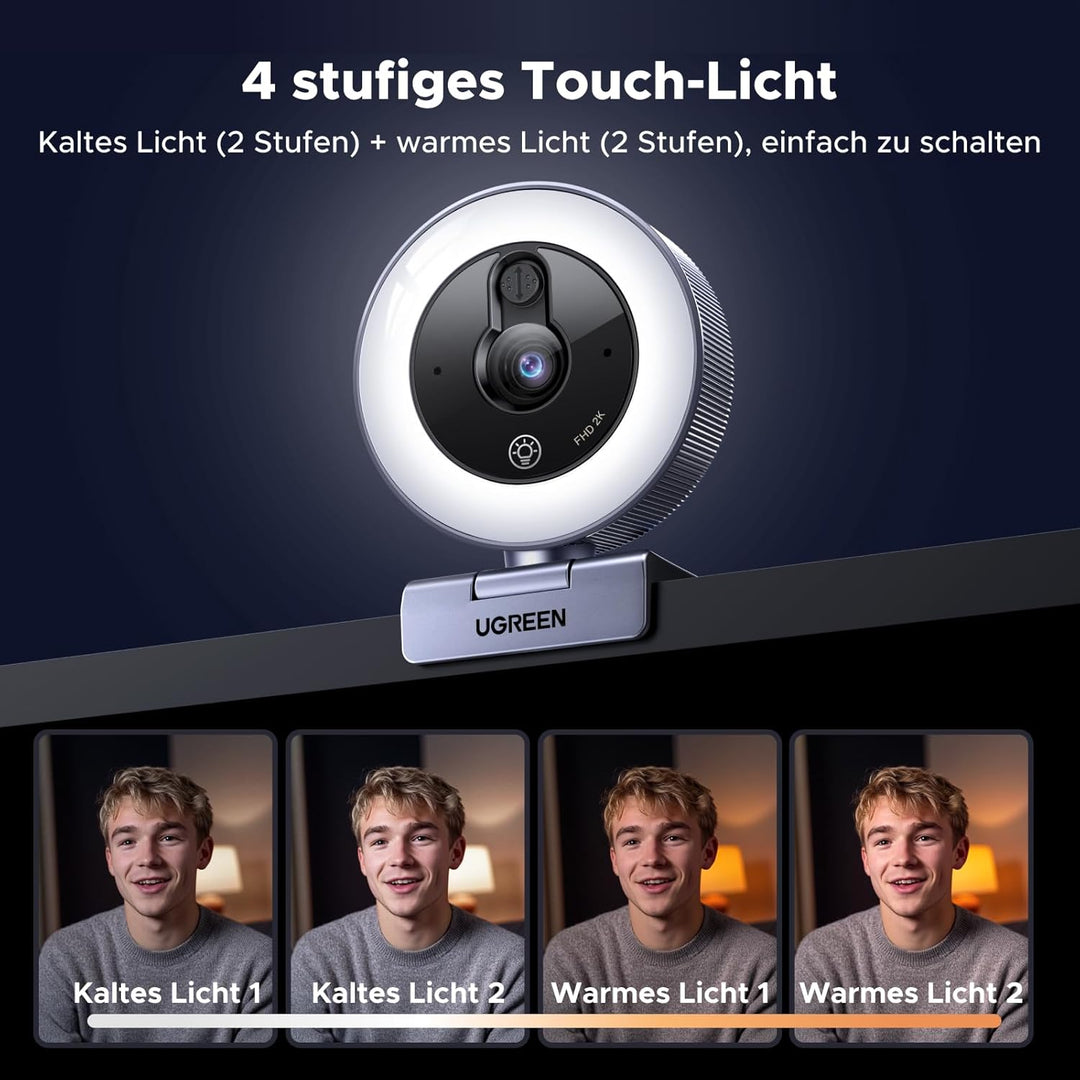 UGREEN 2K Webcam mit Ringlicht PC Kamera mit mikrofon Streaming Kamera mit Abdeckung Fixfokus 4 Füll