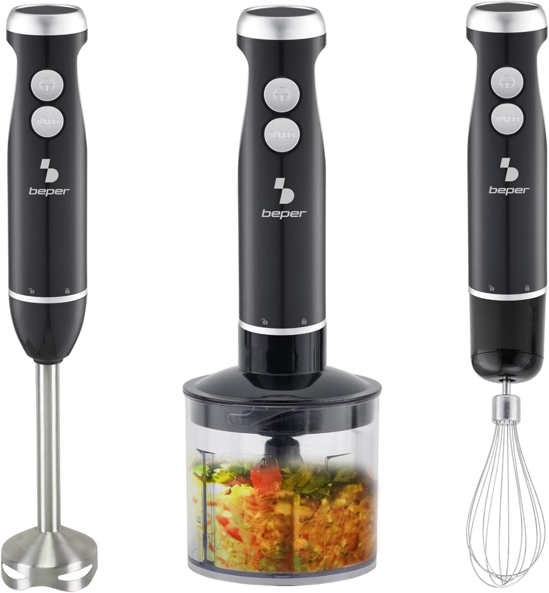 BEPER P102FRU151 4-in-1-Stabmixer, Multifunktionsmixer mit 500-ml-Zerkleinerer, Schneebesen, 700-ml-