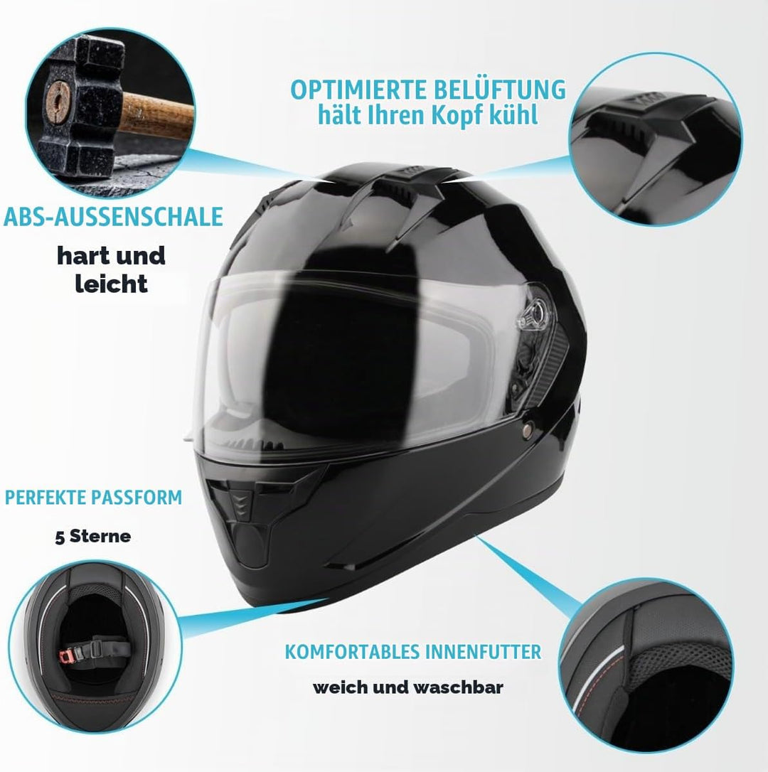 VINZ Kennet Integralhelm mit Sonnenblende | Motorrad Helm Vollvisierhelm Mopedhelm | Motorradhelm Fu