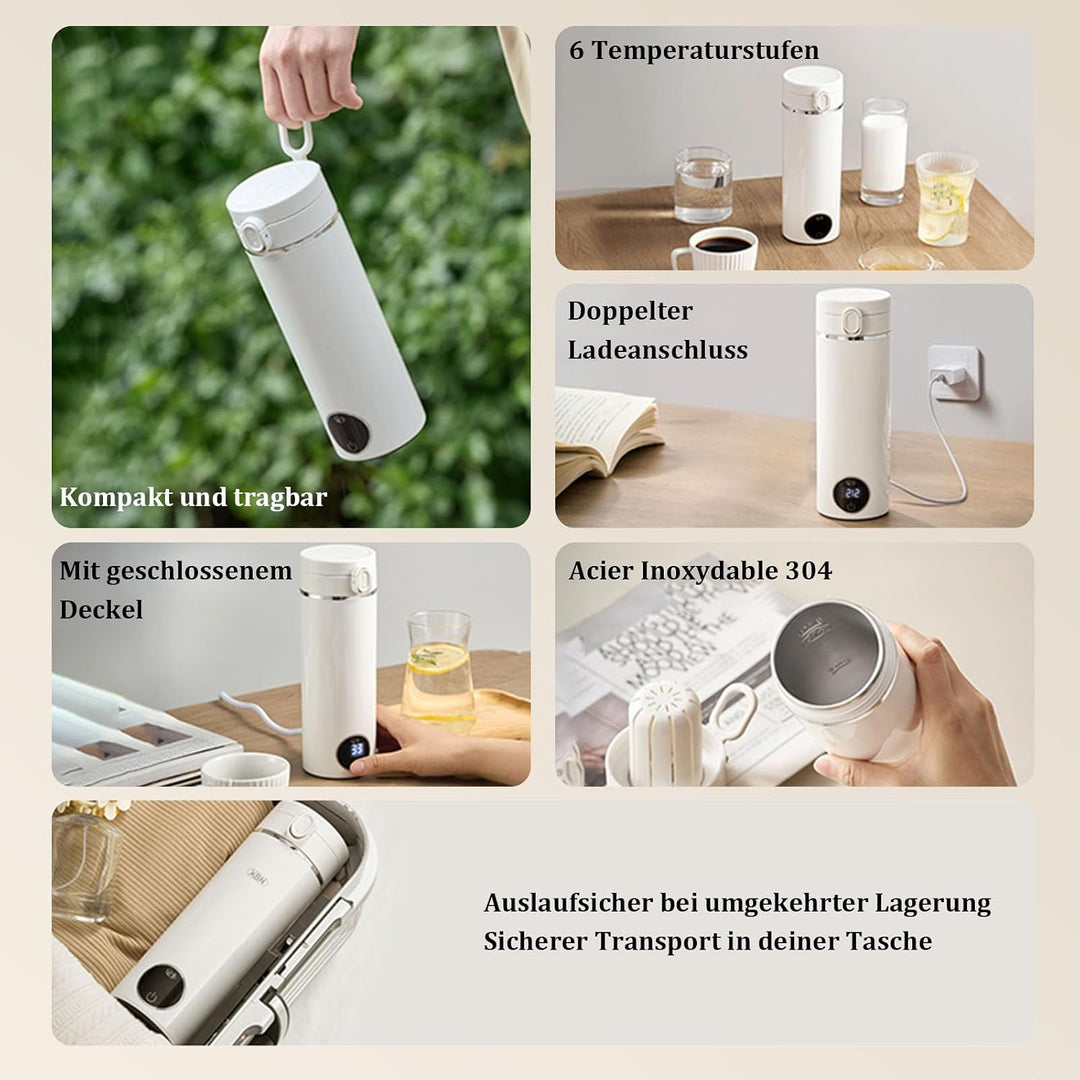 Tragbarer Reise-Wasserkocher 500 ml mit USB-C-Ladegerät, elektrischer Wasserkocher mit Tragegriff un