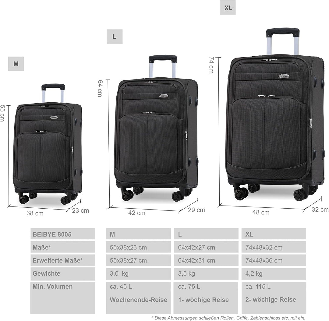 BEIBYE Leichter Stoffkoffer Kofferset Trolley Aussentaschen Dehungsfuge mehr Stauraum mit Zahlenschl