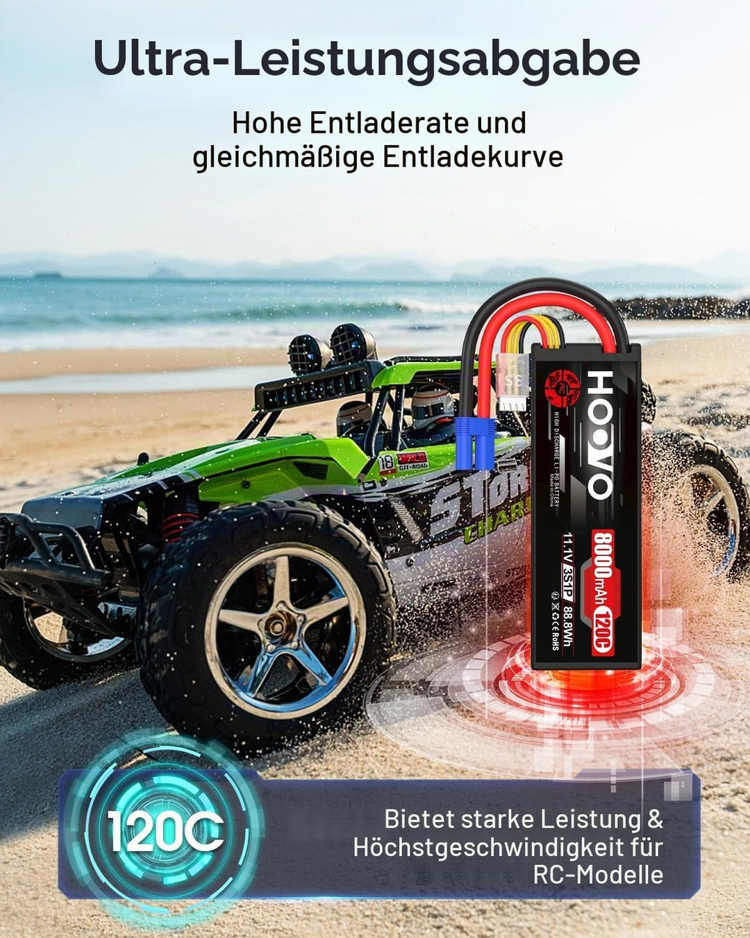 HOOVO 11,1V Lipo Akku 3S 8000mAh 120C HardCase RC Akku Battrien mit EC5 Anschlussstecker für RC Scal