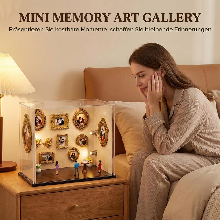 Mini Museum Bilderrahmen, 9 Stück Holz Schattenbilderrahmen Set mit 3 Miniaturfiguren und 4 LED Bele