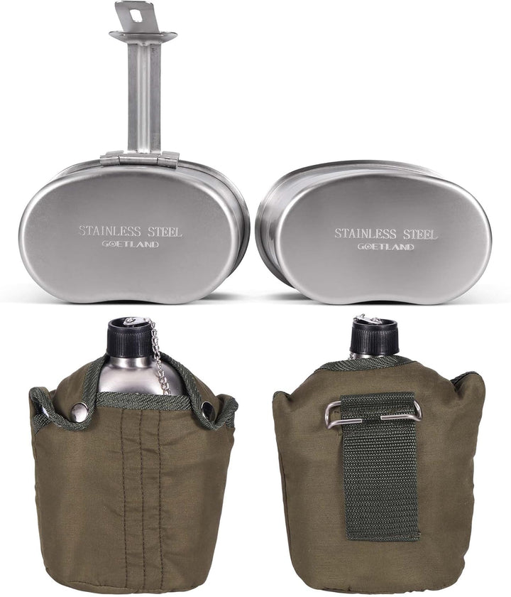 Goetland Edelstahl US Feldflasche Wasserflasche Trinkflasche 1L mit 0,5 L Becher Stofftasche für Cam