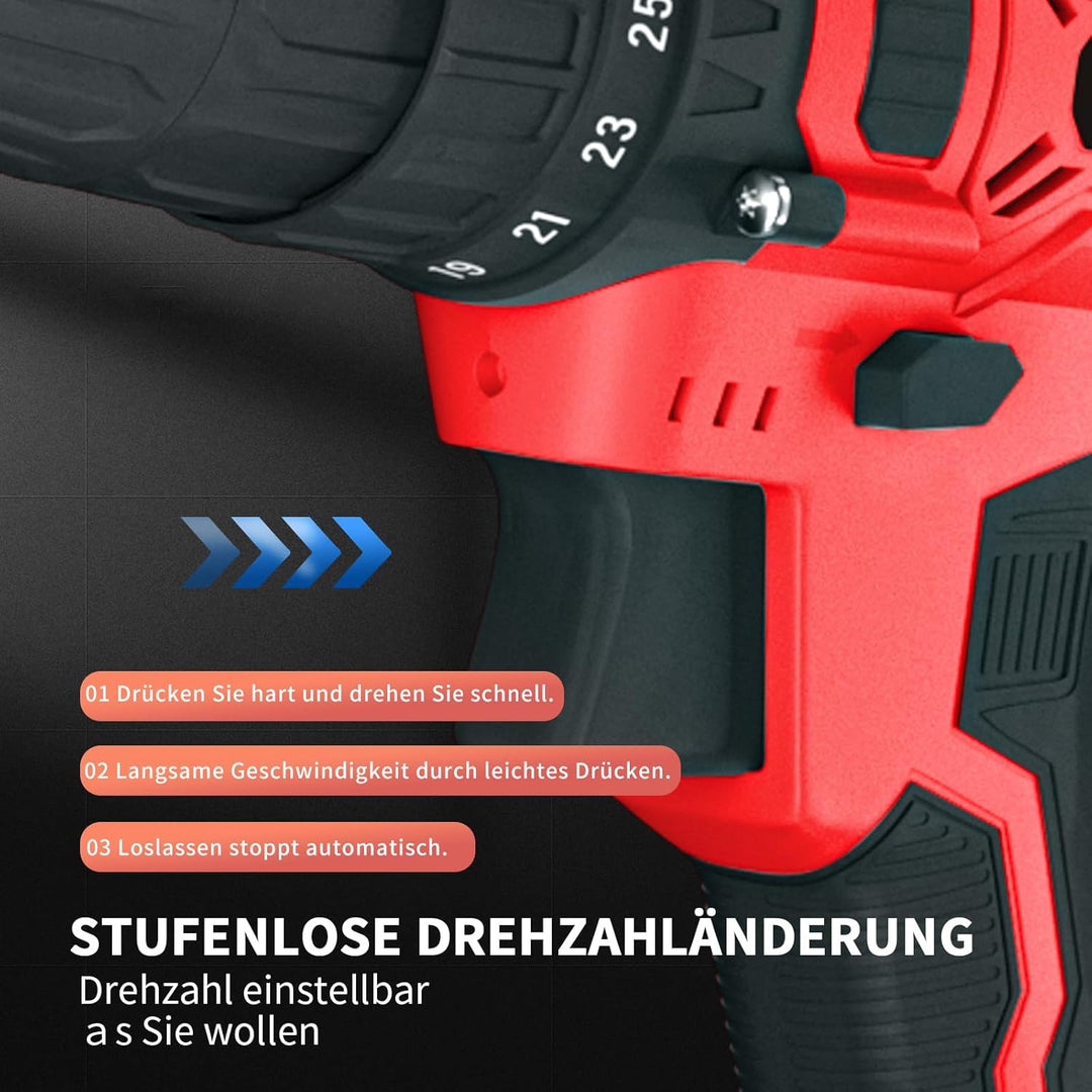 21V Akkuschrauber Akku Bohrschrauber Set Akku-Schlagbohrschrauber Akkubohrer mit 1500mAh Akkus, 45Nm