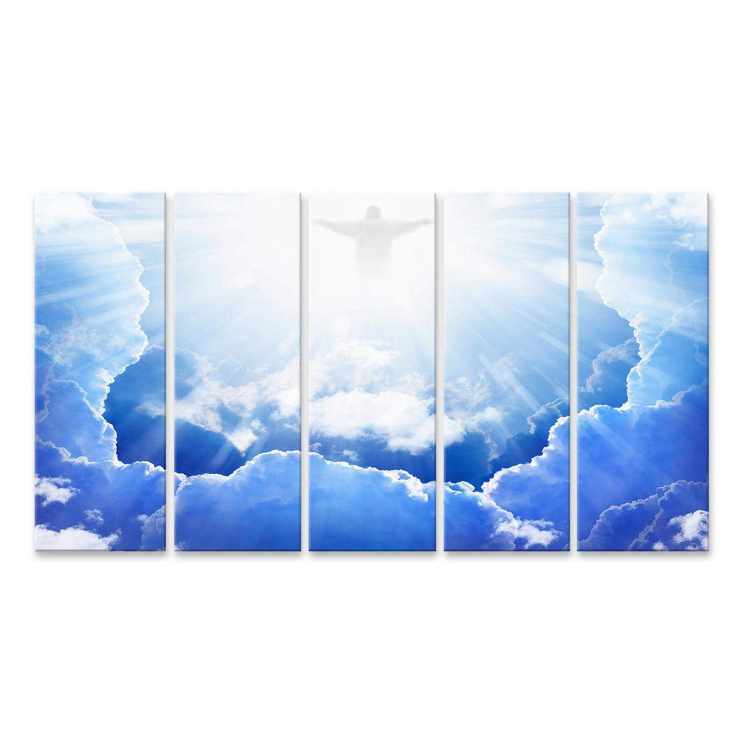 islandburner, Bild auf Leinwand Jesus Christus am blauen Himmel mit Wolken, helles Licht vom Himmel,