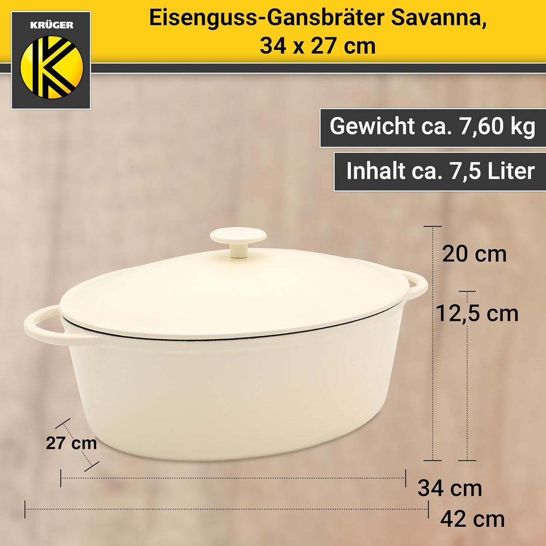 Krüger Gusseisen Gansbräter mit Deckel - emailliert - hohe Hitzebeständigkeit und sehr gute Wärmespe