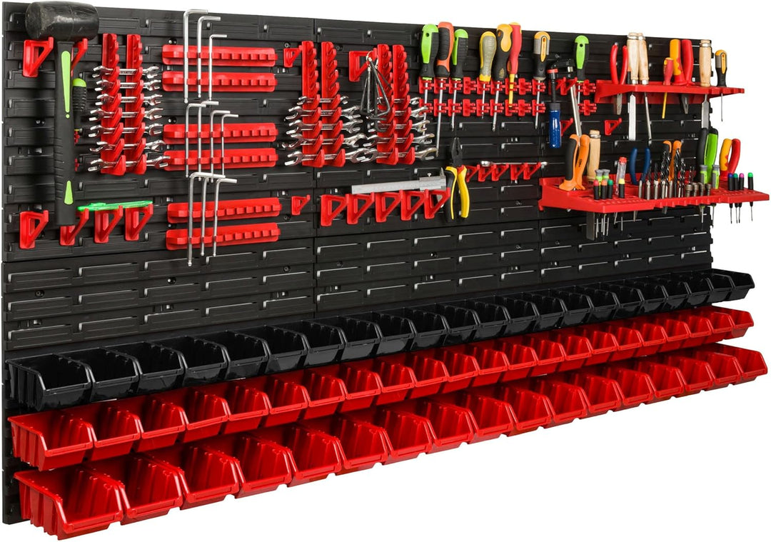 Lagersystem Werkstattregal | 172 x 78 cm | 61 stck. Box | Wandregal mit Werkzeughalterungen und Stap