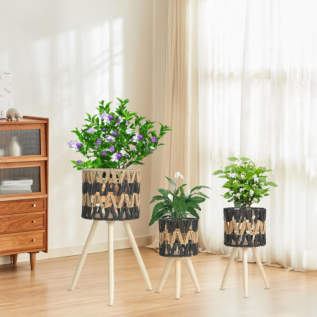 Tissting Pflanzenständer Imitation Rattan Blumenständer, 3er Set Holz Dreieck Blumenhocker Pflanzenh