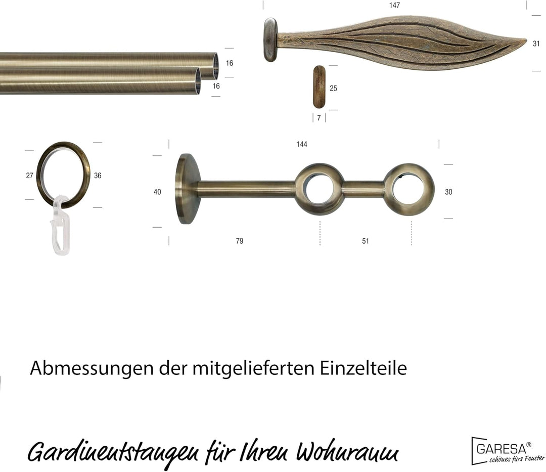 Garesa Gardinenstange Esperanca Ø 16mm, 2-läufig, Messing, antik I Rustikale Vorhangstange inkl. Rin
