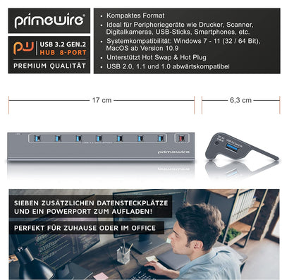 CSL - USB 3.0 Hub aktiv – 10 GBit/s - 8 Port - 8 x USB 3.2 Gen2, Davon 1x USB Ladeport smart Charge