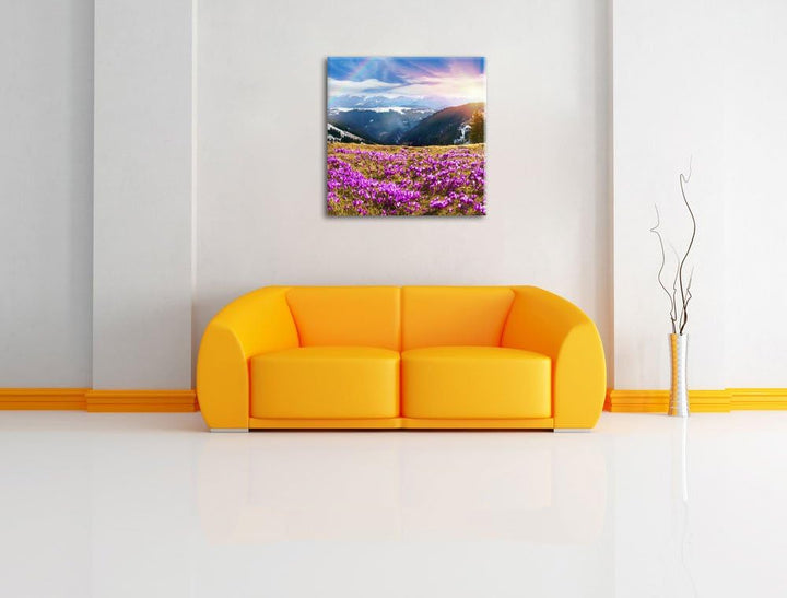 Pixxprint Berge mit Regenbogen als Leinwandbild/Grösse: 70x70 cm/Wandbild/Kunstdruck/fertig bespannt