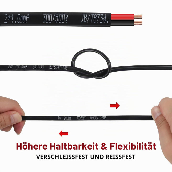 AOHEWEI 2 × 1,0 mm² flaches zweiadriges Doppelkabel 2 Leiter elektrischer Kupferdraht 5V 12V 24V 60V