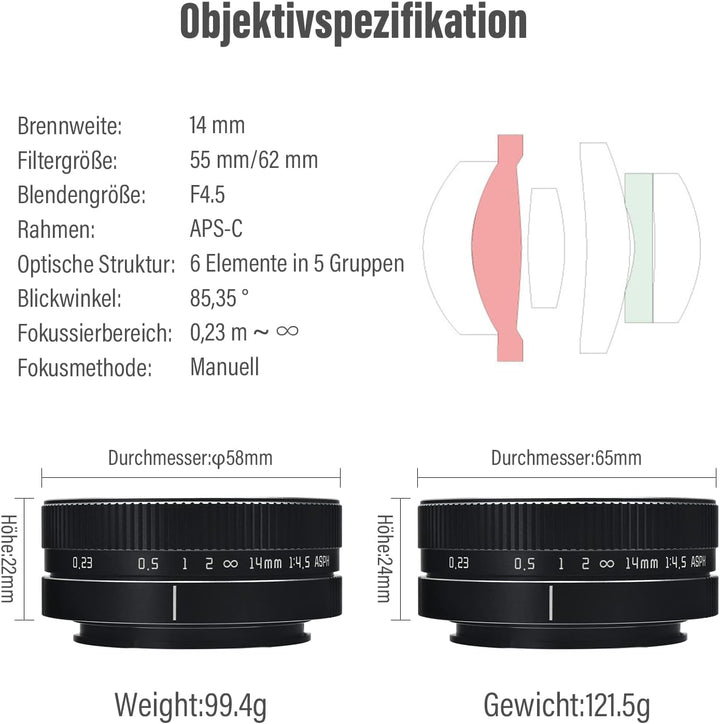AstrHori 14 mm F4,5 Ultraweitwinkelobjektiv Manuelles APS-C-Objektiv Starke Anti-Verzerrung Kompatib