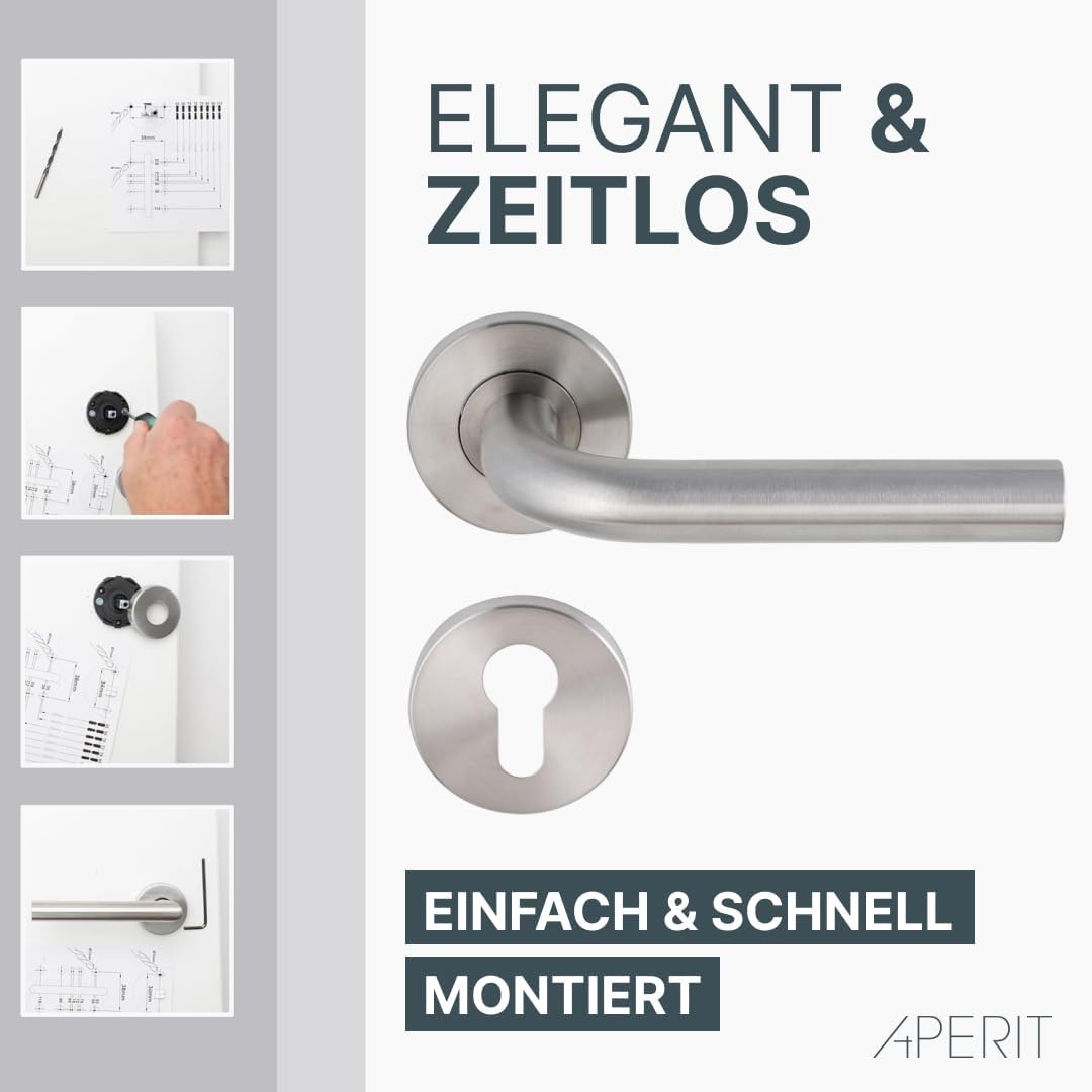 Aperit Türgriff: Edelstahl Türklinke mit PZ Rosetten - Drückergarnitur für Innentüren - L-Modell - E