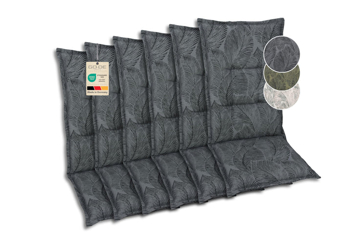Bequeme und attraktive Polsterauflagen für Hochlehner-Gartenstühle (6er-Set, Blattmotiv gross anthra