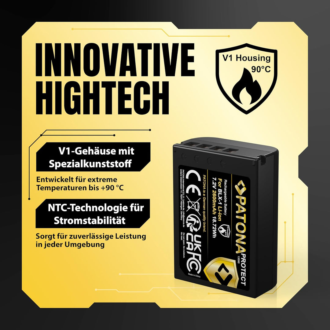 PATONA BLX-1 Protect Kamera-Akku 2X (2400mAh) mit NTC-Sensor und V1 Gehäuse - Kompatibel mit Olympus