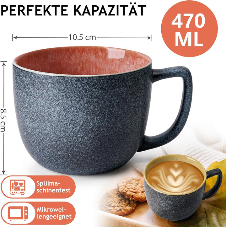 MIAMIO - 6 x 470 ml Kaffeetassen/Tassen Set/Kaffeetasse Gross/moderne Kaffeebecher aus Steingut - La