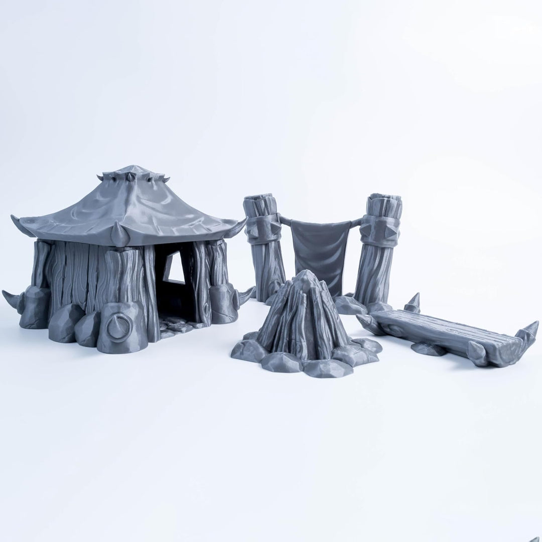 Orc Camp Set: Rustikale Kabine, Kampfbanner, gemütliches Lagerfeuer und Holzbank – 28/32 mm Massstab