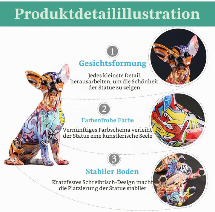 Chihuahua-Hundestatue aus Harz – Heimdekoration, bunte Chihuahua-Hundestatue, bunte Graffiti-Chihuah