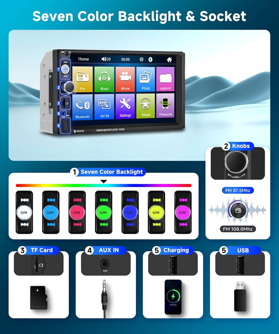 Podofo 2 Din Autoradio Bluetooth mit Bildschirm 7'' Mirror Link Für IOS/Android Bluetooth Freisprech