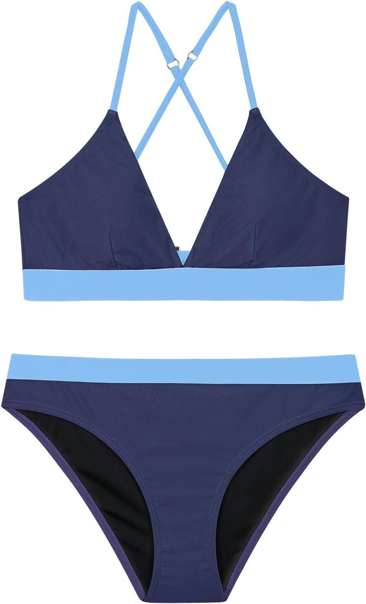 Damen Bikini Set, Triangel, breites Unterbrustband, Bademode, Badeanzug 38 Dunkelblau&amp;blau, 38 Dunke