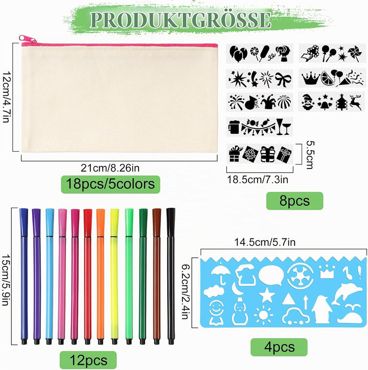 18 Stück DIY Stoff Federmäppchen, Leinwand Federmäppchen zum Bemalen, Mäppchen zum bemalen, 12 Bunts