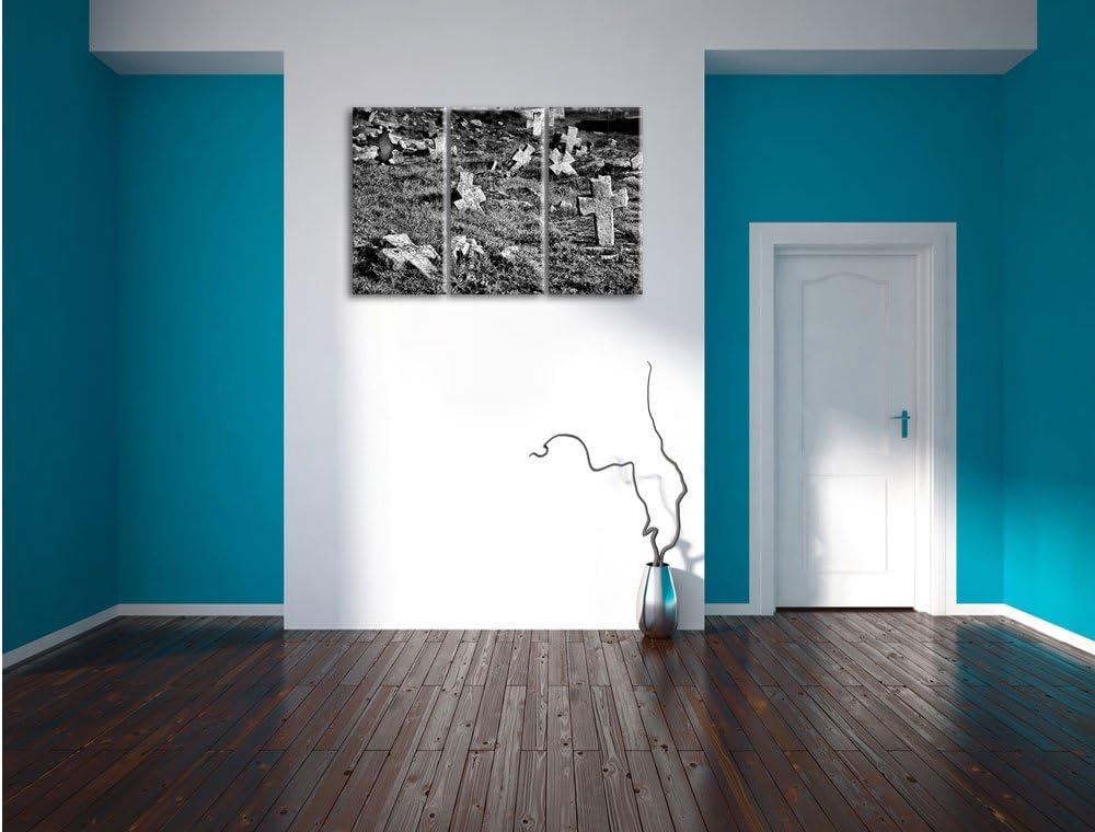 Pixxprint Friedhof schwarz weiss als Leinwandbild | Grösse: 3 Teilig (120x80) | Wandbild| Kunstdruck