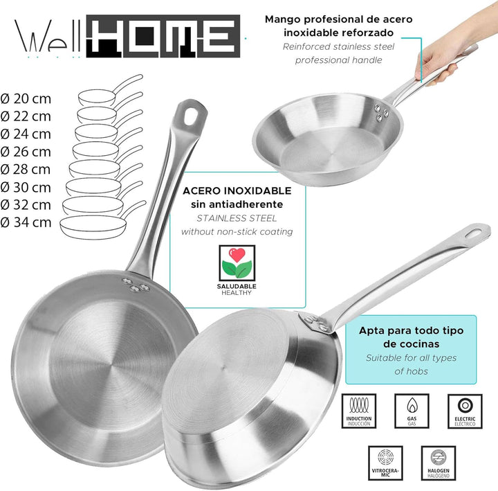 Set mit 3 Pfannen, Ø 20 x 22 x 24 cm, aus Edelstahl, induktionsgeeignet, ohne Antihaftbeschichtung