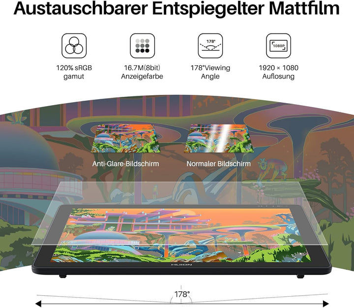 HUION Kamvas 22 21,5 Zoll Grafiktablett mit Display, 120% sRGB-Farbumfang, blendfreier Mattfilm, kan