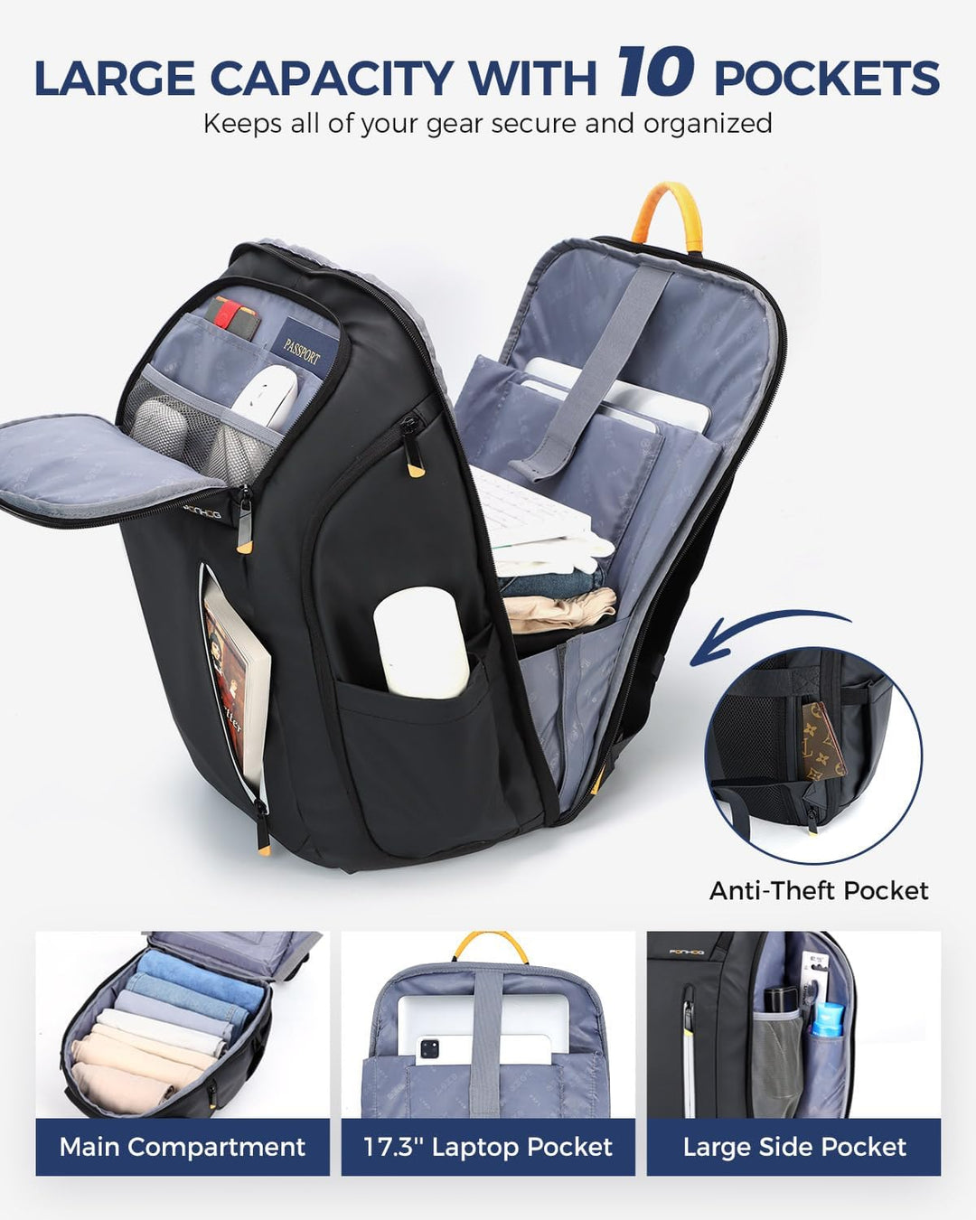 Rucksack Herren, Gross Laptop Rucksack 17 Zoll, Reiserucksack mit Anti Diebstahl Computerfach, Lapto