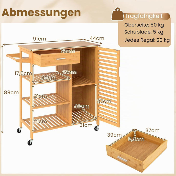 KOMFOTTEU Servierwagen aus Bambus, Küchenwagen mit Schublade, 3 offene Regale & Türschrank, Küchentr