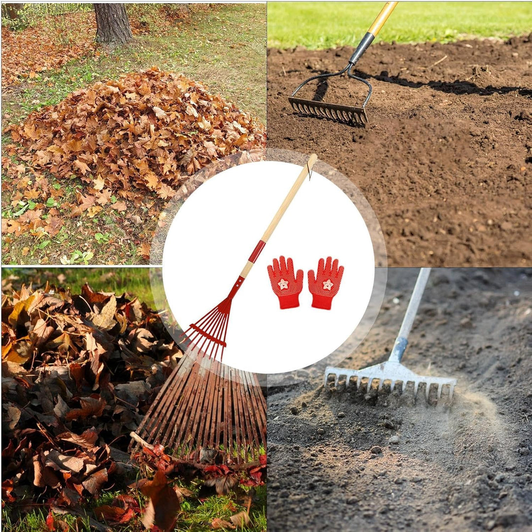 Rechen mit Holzgriff für Kinder, Rasenrechen für Blätter - Set mit Gartenrechen und Handschuhen,Mehr