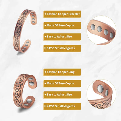 EnerCoppeX Set Magnetisches massives Kupfer, 17 cm Armband und 5.8 cm Ring, 99.99 % massives Kupfer,
